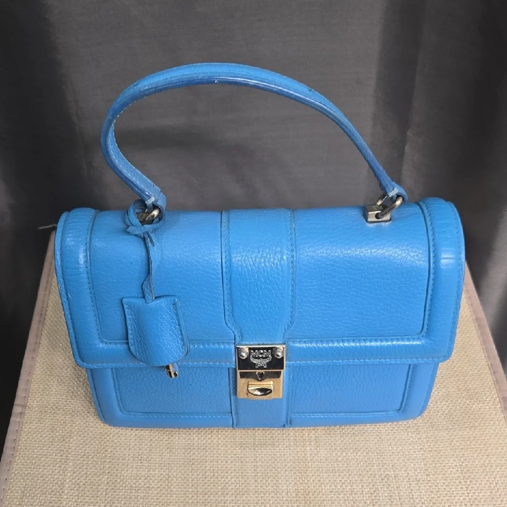MCM Sky Blue Leather Satchel